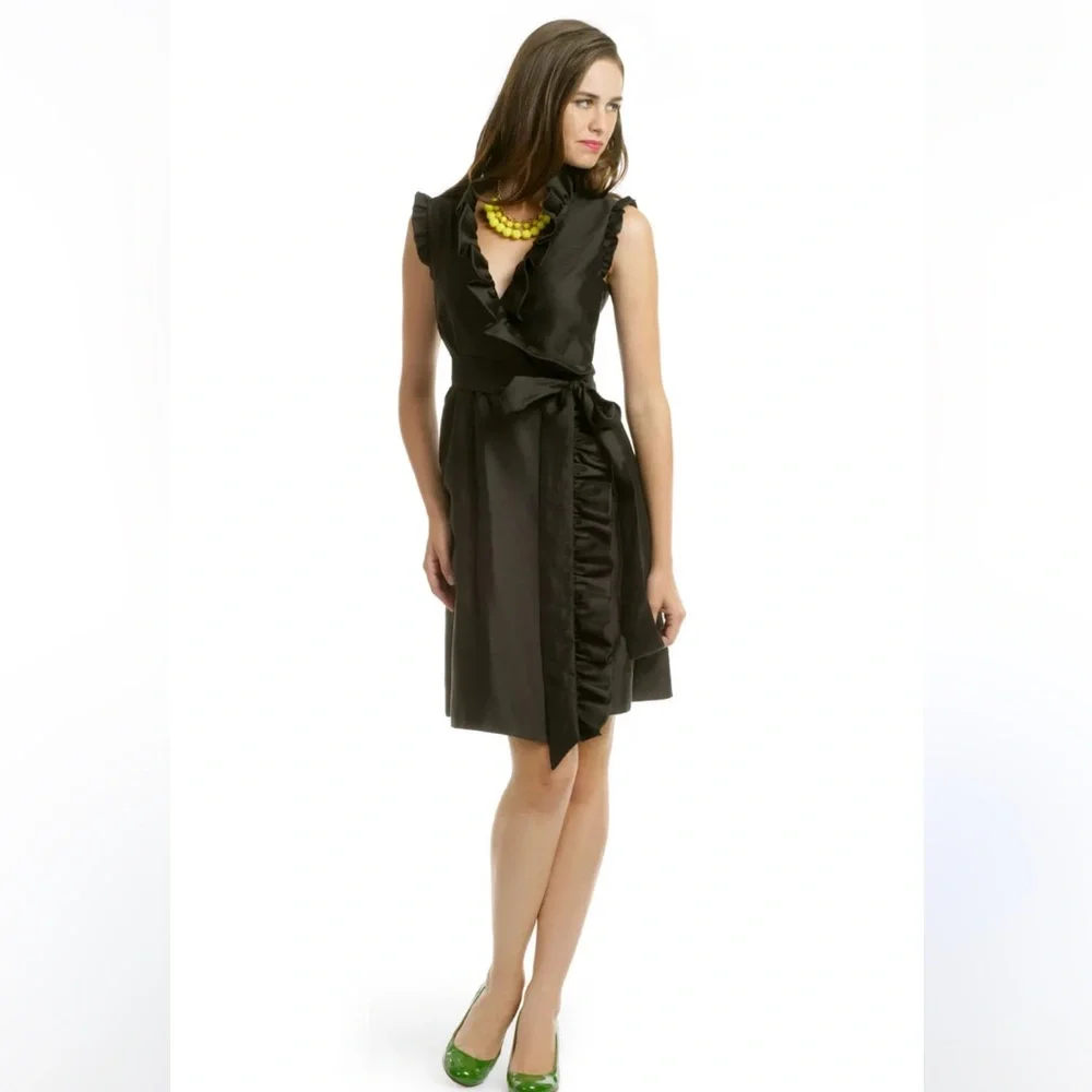 Kate Spade Aubrey ruffled silk blend black wrap dress Sz 4 - Picture 3 of 13